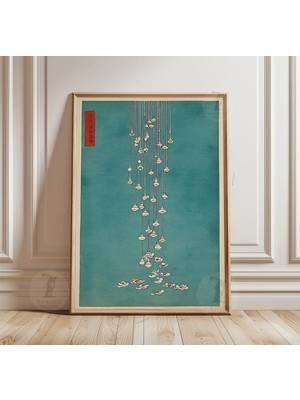 Ninastore Turkuaz Japon Avize Posteri Baskısı | Vintage Ahşap Baskı Duvar Sanatı | Minimalist Asya Dekorasyonu