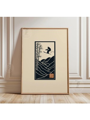 Ninastore Japon Tarzı Kayak Posteri | Kayakçı Silüeti Dağ Sanatı Baskısı
