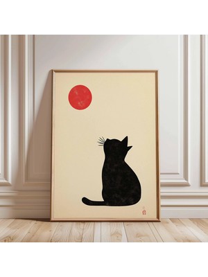 Ninastore Siyah Kedi Kırmızı Güneş Posteri | Japon Minimalist Hayvan Sanatı Baskısı