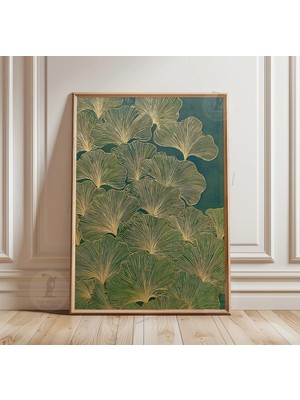 Ninastore Yeşil Altın Ginkgo Poster Baskısı | Botanik Yaprak Duvar Sanatı | Japon Doğa Illüstrasyonu