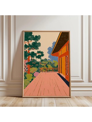 Ninastore Japon Ahşap Güverte Posteri | Yeşil Turuncu Bahçe Manzarası | Modern Asya Illüstrasyonu