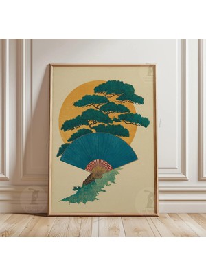 Ninastore Japon Yelpaze Posteri Baskısı | Turkuaz Çam Ağacı Güneş Illüstrasyonu | Ukiyo E Tarzı Duvar Sanatı
