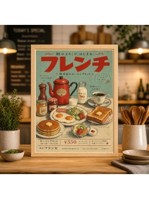 Ninastore Japon Kafe Kahvaltısı Posteri | Retro Yemek Illüstrasyon Baskısı | Turkuaz Mutfak Duvar Sanatı