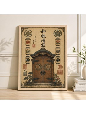 Ninastore Japon Ahşap Kapı Posteri | Yeşil Bej Tapınak Illüstrasyonu | Geleneksel Asya Duvar Sanatı