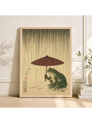 Ninastore Şemsiyeli Japon Kurbağası Posteri Ahşap Baskı Sanatı