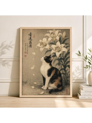 Ninastore Eski Japon Kaliko Kedi ve Zambak Sanat Baskısı Asya Mürekkep Yıkama Dekoru