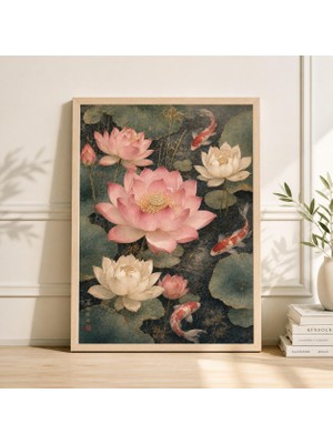 Ninastore Lotus ve Koi Balığı Sanat Baskısı Japon Çiçekli Duvar Dekoru Suluboya Gölet Tablosu