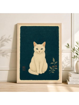 Ninastore Japon Beyaz Kedisi Sanat Baskısı Turkuaz Arka Planlı Minimalist Zen Duvar Dekoru