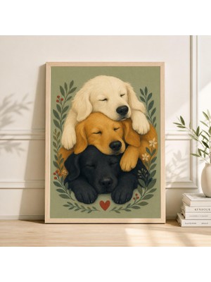 Ninastore Yeşil Arka Planlı Labrador Köpek Posteri | Krem ve Siyah Labrador Illüstrasyonu | Japon Ahşap Baskı Sanatı