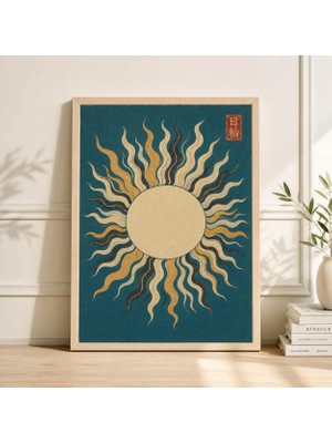 Ninastore Vintage Göksel Güneş Sanat Baskısı Turkuaz Astroloji Posteri Japon Ahşap Baskı Esintili Duvar Dekoru