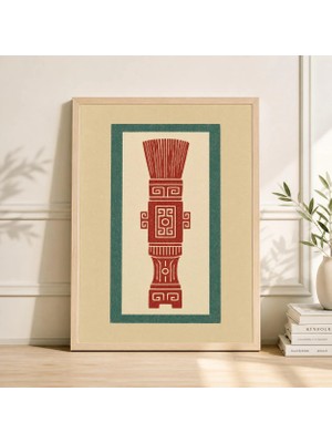 Ninastore Japon Kaligrafi Fırçası Poster Baskısı | Kırmızı Mürekkep Illüstrasyonu | Minimalist Geometrik Kenar Sanatı