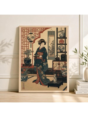 Ninastore Kırmızı Yeşil Geyşa Posteri | Japon Çay Iç Mekan Sanatı | Vintage Asya Duvar Dekoru