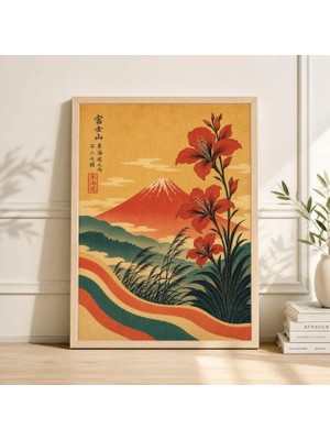 Ninastore Eski Japon Fuji Dağı Posteri Kırmızı Çiçekli Ahşap Baskı Duvar Sanatı Boho Iç Mekan Sanat Eseri