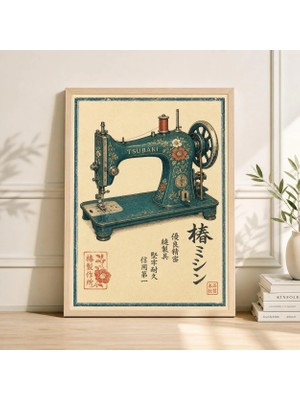 Ninastore Yeşil Dikiş Makinesi Posteri | Antik Japon Illüstrasyonu | El Sanatları Odası Duvar Sanatı