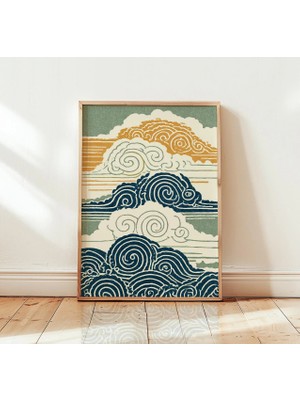 Ninastore Japon Ahşap Baskı Bulut Resmi | Retro Gökyüzü Duvar Sanatı | Minimalist Asya Dekorasyonu