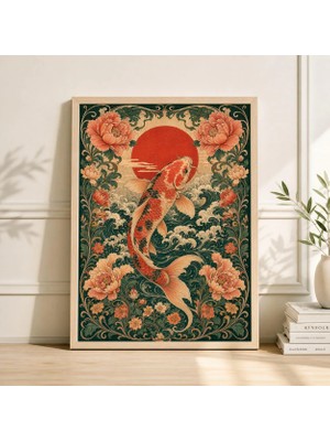 Ninastore Japon Koi Balığı Baskılı, Vintage Ukiyo-E Tarzı Kırmızı Güneş Dalgaları Oryantal Zen Dekorasyonu
