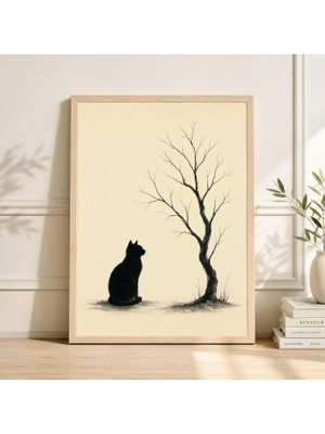Ninastore Minimalist Kedi Baskısı Siyah Beyaz Ağaç Silüeti Iskandinav Japon Mürekkep Sanatı