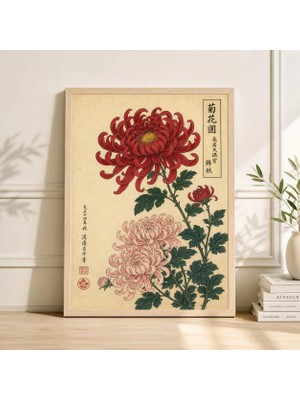 Ninastore Japon Krizantem Duvar Sanatı Vintage Çiçek Baskısı Asya Botanik Posteri Kırmızı Çiçek Resmi