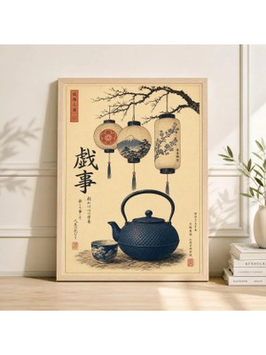Ninastore Japon Çayevi Baskısı Mavi Fenerler Vintage Çay Seremonisi Sanatı