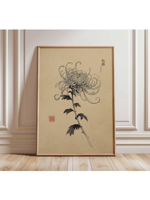 Ninastore Japon Krizantem Sanat Baskısı Minimalist Mürekkep Çiçek Posteri Geleneksel Asya Botanik Duvar Dekoru