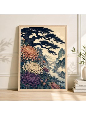 Ninastore Japon Manzara Posteri | Botanik Dağ Manzarası Illüstrasyonu | Vintage Ukiyo E Tarzı Sanat