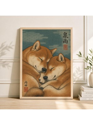Ninastore Kırmızı Shiba Inu Köpekleri Japon Ahşap Baskı Tarzı Hayvan Illüstrasyonu Turkuaz Minimalist Duvar Sanatı