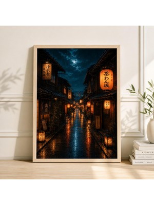 Ninastore Kyoto Yağmurlu Gece Sokak Sanatı Baskısı Japon Fenerli Sokak Posteri