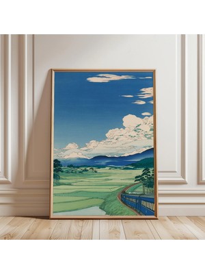 Ninastore Yeşil Kırsal Tren Posteri | Japon Demiryolu Manzarası Sanatı | Vintage Ahşap Baskı Tarzı