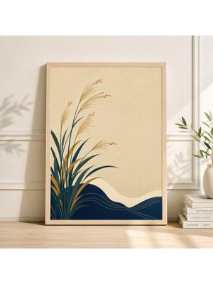 Ninastore Japon Kamışları ve Dalgaları Posteri Minimalist Botanik Çizgi Sanatı Nötr Bej Duvar Dekoru