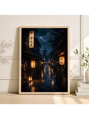 Ninastore Japon Gece Sokağı Posteri | Mavi Yağmurlu Sokak Sanat Baskısı | Fenerli Şehir Manzarası Duvar Dekoru