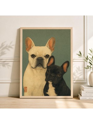 Ninastore Fransız Bulldog Posteri | Japon Ahşap Baskı Tarzı Evcil Hayvan Illüstrasyonu Turkuaz Hayvan Sanatı