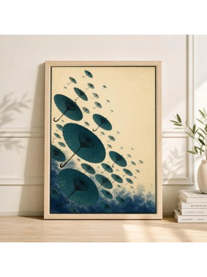 Ninastore Yüzen Yeşil Şemsiyeler Posteri Japon Baskı Tarzı Minimalist Şemsiye Sanatı