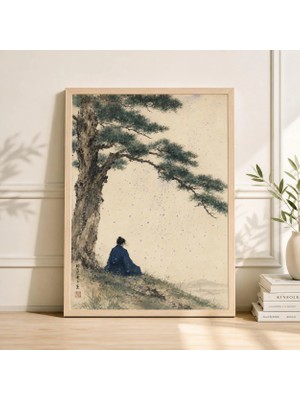 Ninastore Japon Kış Manzarası Baskısı, Çam Ağacı Altında Bilgin, Mürekkep Yıkama Suluboya Sanatı