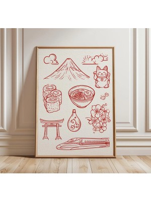 Ninastore Japon Karalama Posteri Kırmızı Çizgi Sanatı Japonya Duvar Dekoru