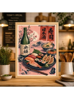 Ninastore Japon Suşi ve Sake Posteri Pembe Mutfak Illüstrasyonu Nigiri Duvar Sanatı