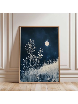 Ninastore Ay Işığında Çayır Duvar Sanatı, Minimalist Japon Indigo Baskı, Botanik Gece Manzarası Posteri, Sakin ve Modern Dekorasyon Için