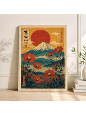 Ninastore Turkuaz ve Mercan Dağ Posteri Baskısı | Japon Manzara Duvar Sanatı | Red Sun Botanical