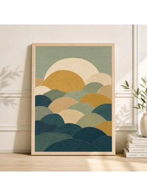 Ninastore Altın Mavi Dalga Poster Baskısı Japon Tarzı Soyut Duvar Sanatı Hardal Turkuaz Desen Illüstrasyonu