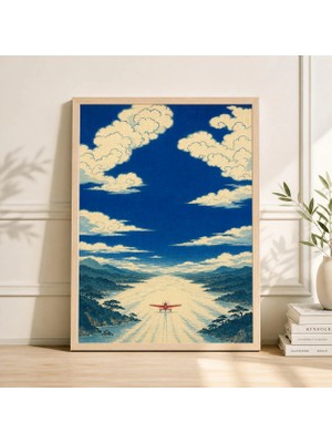 Ninastore Japon Pist Posteri | Mavi Gökyüzü, Bulutlar ve Minimalist Uçak | Modern Vintage Manzara Sanatı