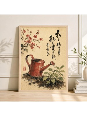 Ninastore Japon Bahçesi Posteri Sulama Kabı Sahnesi Vintage Mürekkep Botanik Duvar Sanatı