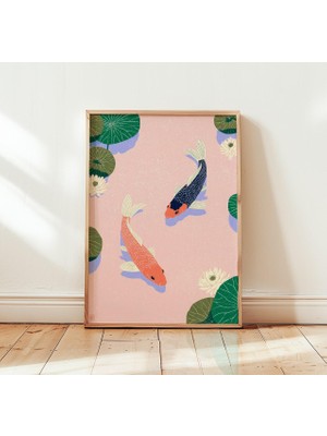 Ninastore Japon Koi Balığı Baskısı | Pembe Gölet Duvar Sanatı | Botanik Nilüfer Yaprağı Posteri | Minimalist Asya Dekorasyonu