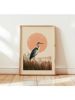 Ninastore Japon Balıkçıl Kuşu Baskısı | Minimalist Kuş Duvar Sanatı | Gün Batımı Bataklık Posteri