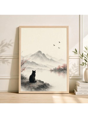 Ninastore Japon Kedisi Sanat Baskısı Vintage Tarzı Retro Duvar Dekoru Mürekkep Yıkama Manzara Posteri