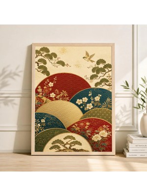 Ninastore Kırmızı Mavi Altın Çiçekli Poster Baskı | Japon Botanik Duvar Sanatı | Vintage Dokulu Illüstrasyon