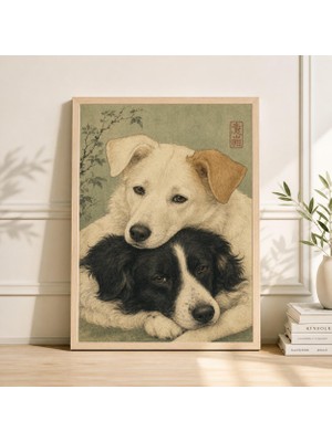 Ninastore Uyuyan Cocker Spaniel Köpek Baskısı Japon Ahşap Baskı Tarzı Evcil Hayvan Illüstrasyonu Nötr Vintage Duvar Sanatı