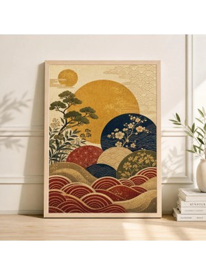 Ninastore Japon Dalga Sanatı Baskısı Kırmızı Altın Lacivert Botanik Illüstrasyon Vintage Poster