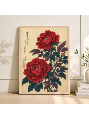 Ninastore Kırmızı Şakayık Ukiyo-E Baskılı Vintage Japon Çiçek Posteri
