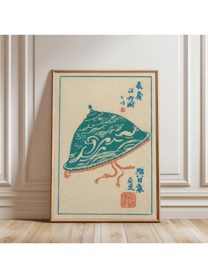 Ninastore Japon Ahşap Baskı Tarzı Şapka Posteri | Vintage Asya Illüstrasyon Baskısı | Minimalist Halk Sanatı Duvar Dekoru