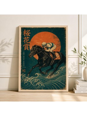 Ninastore Japon At Yarışı Baskısı Ukiyo Tarzı Poster Siyah Koşan At Jokey Duvar Sanatı