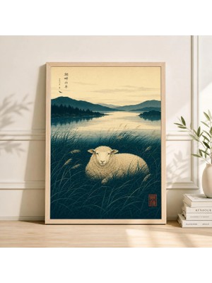 Ninastore Yeşil Koyun Çayırı Posteri Kırsal Manzara Illüstrasyon Sanatı Japon Ahşap Baskı Tarzı